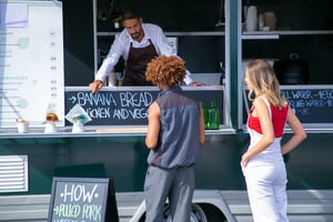 workers buy from a food truck on their lunch break